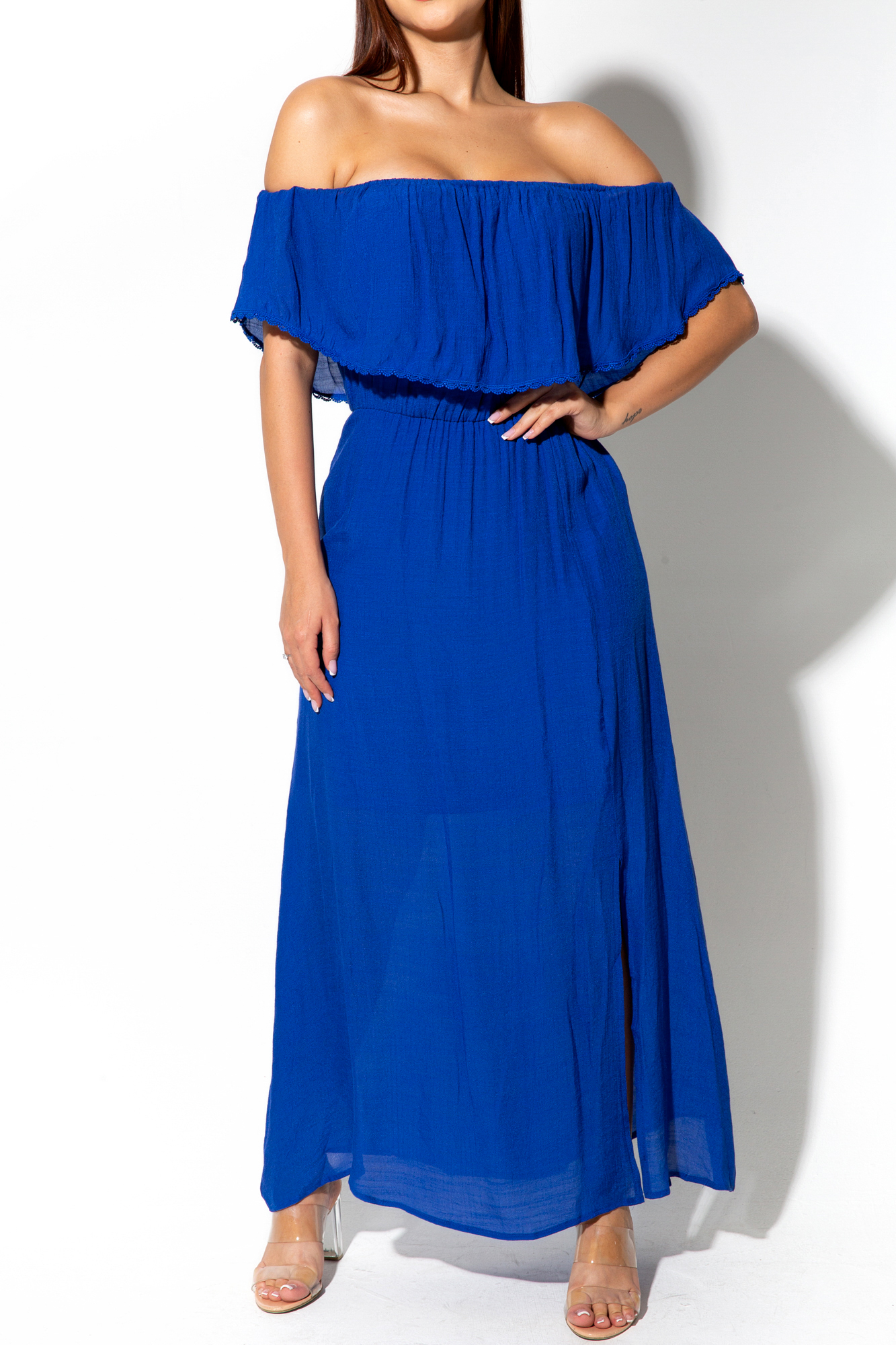 Vestido maxi azul con elástico en la cintura