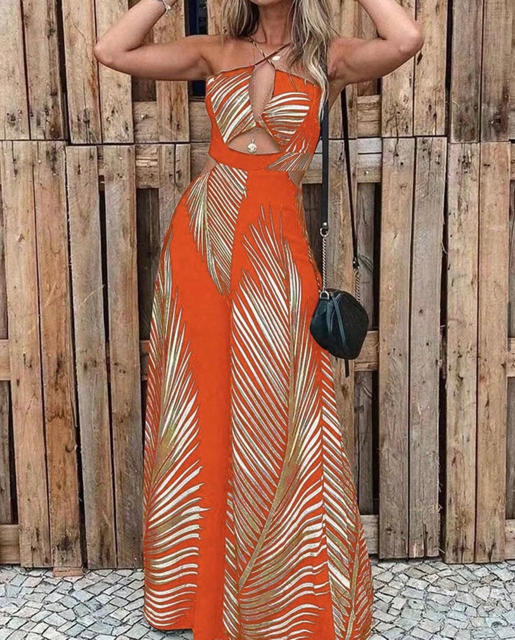 Enterizo Halter de Pierna Ancha Estampado Plantas